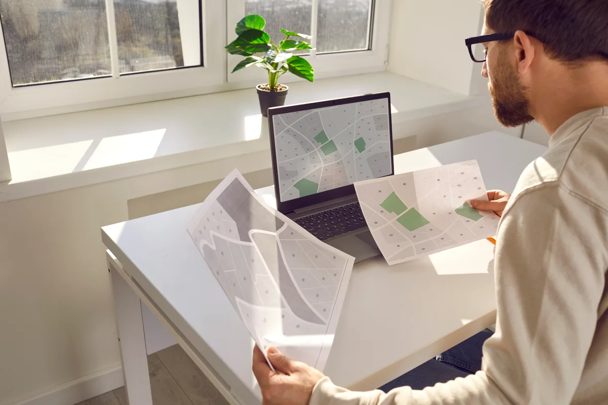 Local business owner comparing a regional map and search results on a laptop to plan coverage across nearby towns