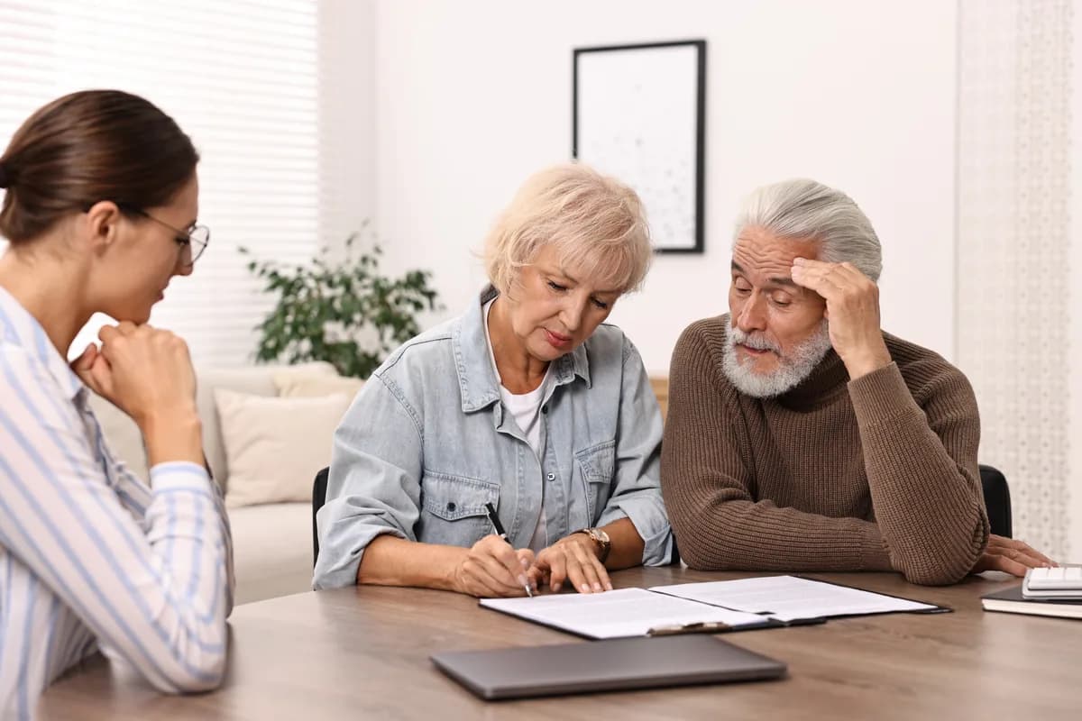 Estate planning lawyer reviewing will and trust documents across a desk with an older couple in a law office
