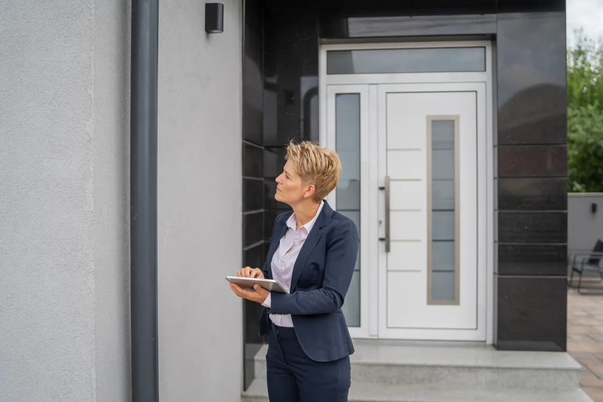 Home inspector examining the exterior of a house with a tablet during a property inspection