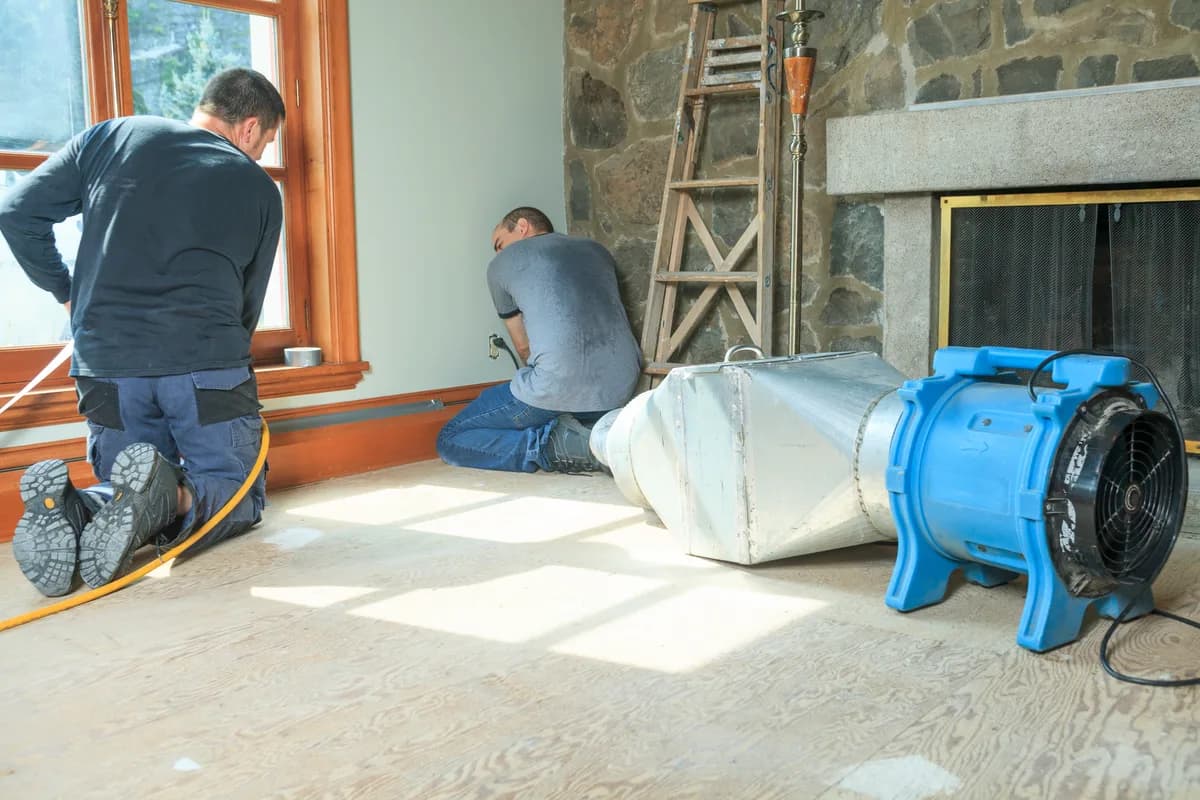 Restoration technician setting up air movers and drying equipment inside a water-damaged home