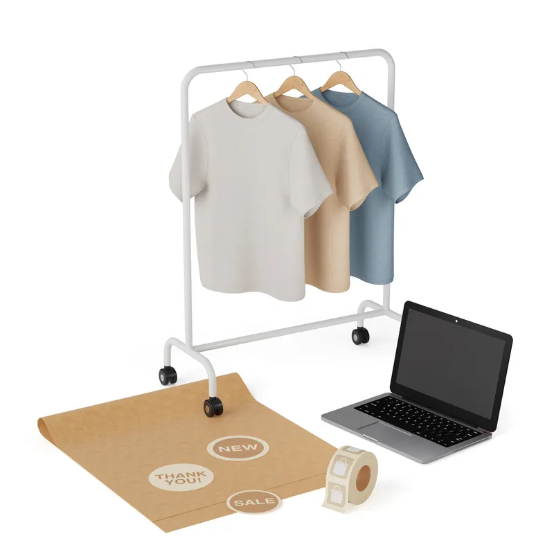 Crew Sweatshirts in oat, sand and slate hung on a steel rack in the studio