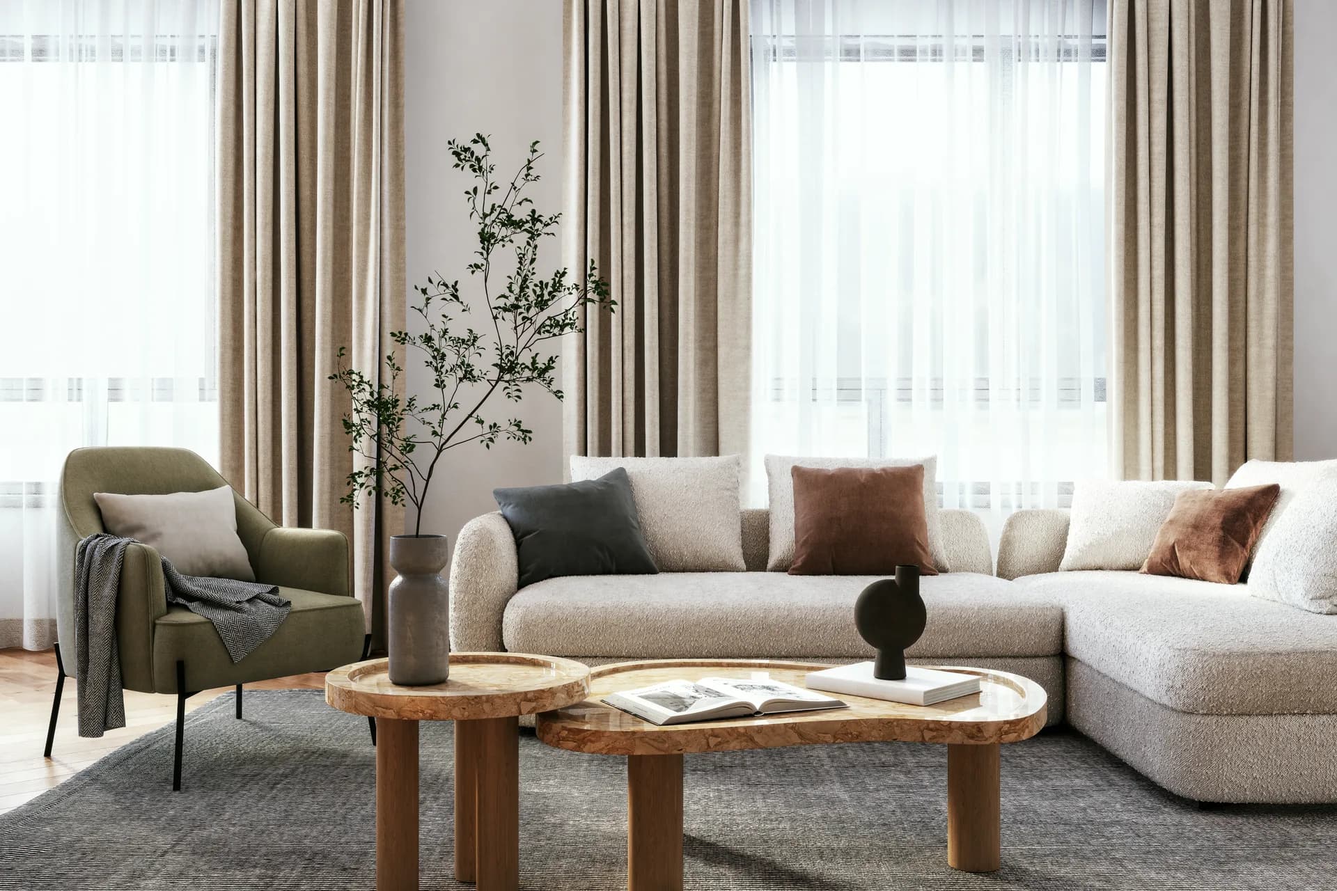 A lived-in living room with a solid-wood sofa and natural textiles in warm afternoon light