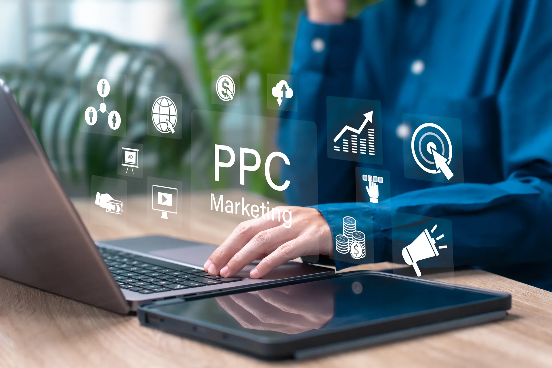 Google Ads PPC manager monitoring live campaign performance, search-term reports, and bid adjustments on a multi-monitor optimization dashboard
