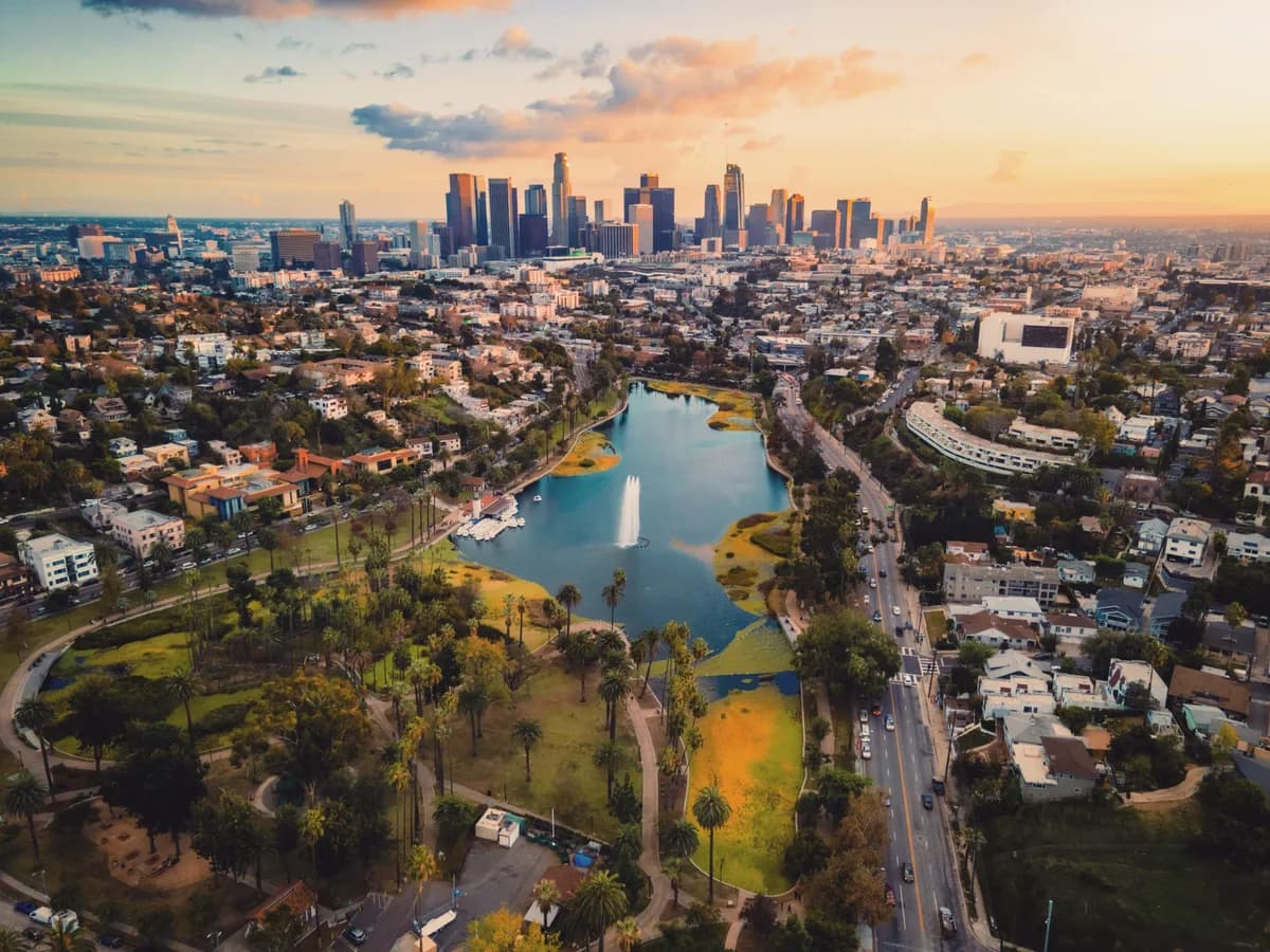 Downtown Los Angeles skyline from Echo Park Lake, California