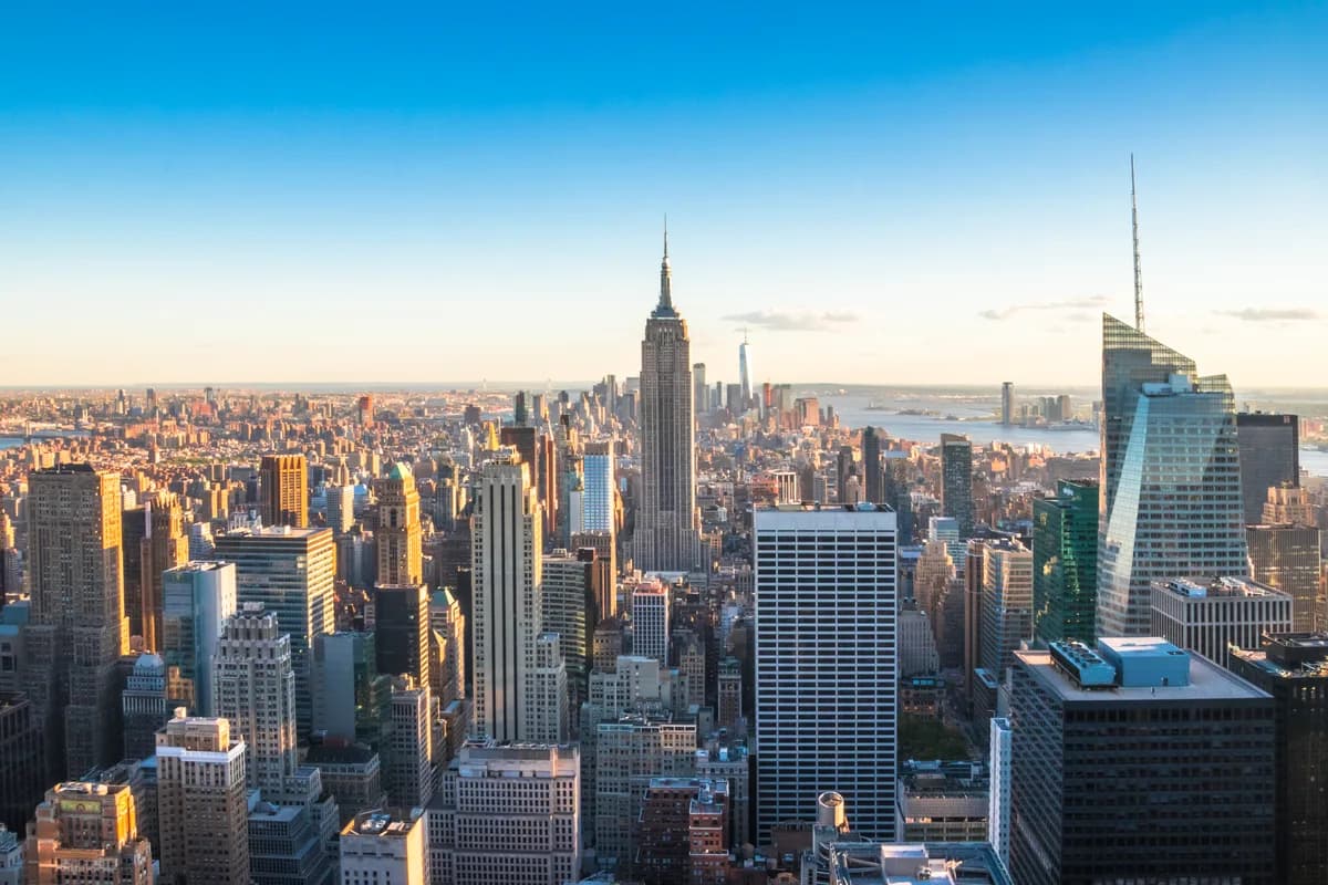 Lower Manhattan skyscrapers at sunset, New York City