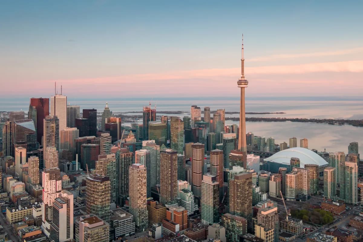 Aerial view of the Toronto Financial District at sunset, Ontario