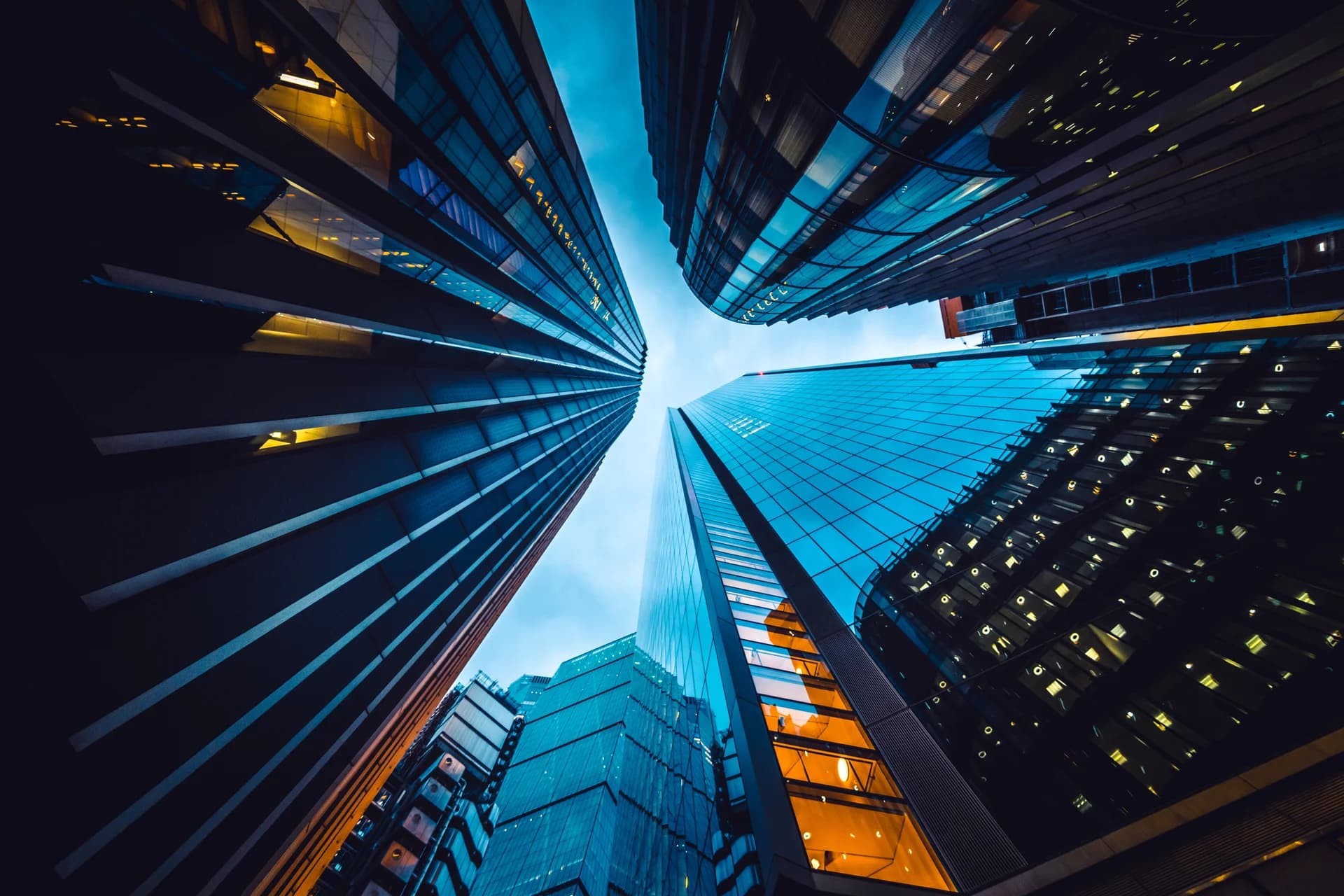 Looking up at a downtown commercial real estate skyline