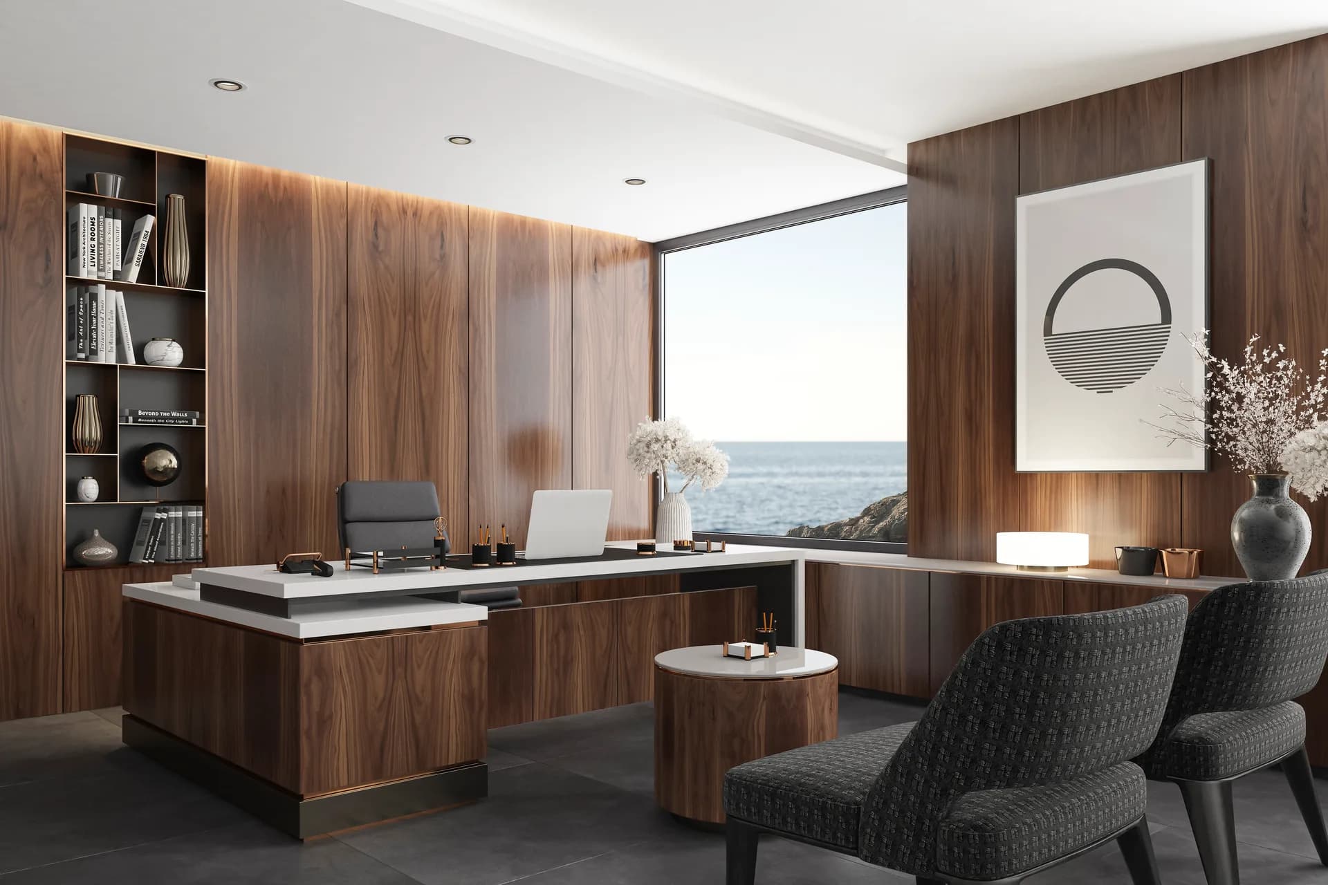 Private mortgage advisor reviewing documents in a wood-panelled office