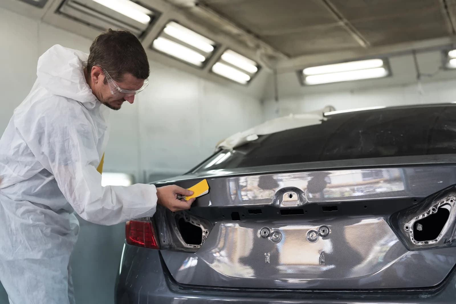 Auto body technician reviewing paint color samples with a customer in a collision repair shop