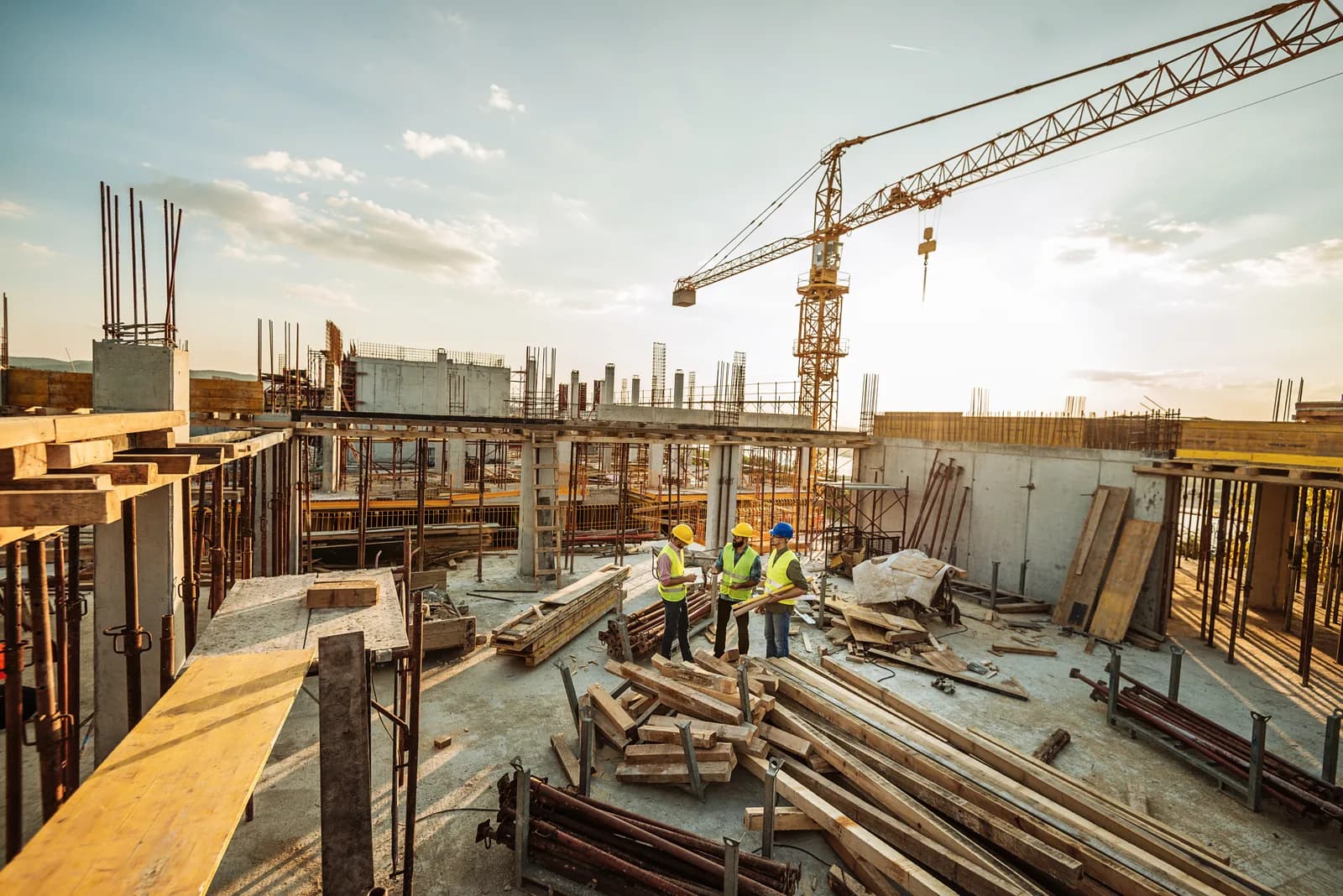 Engineers reviewing plans on a commercial construction site with a crane
