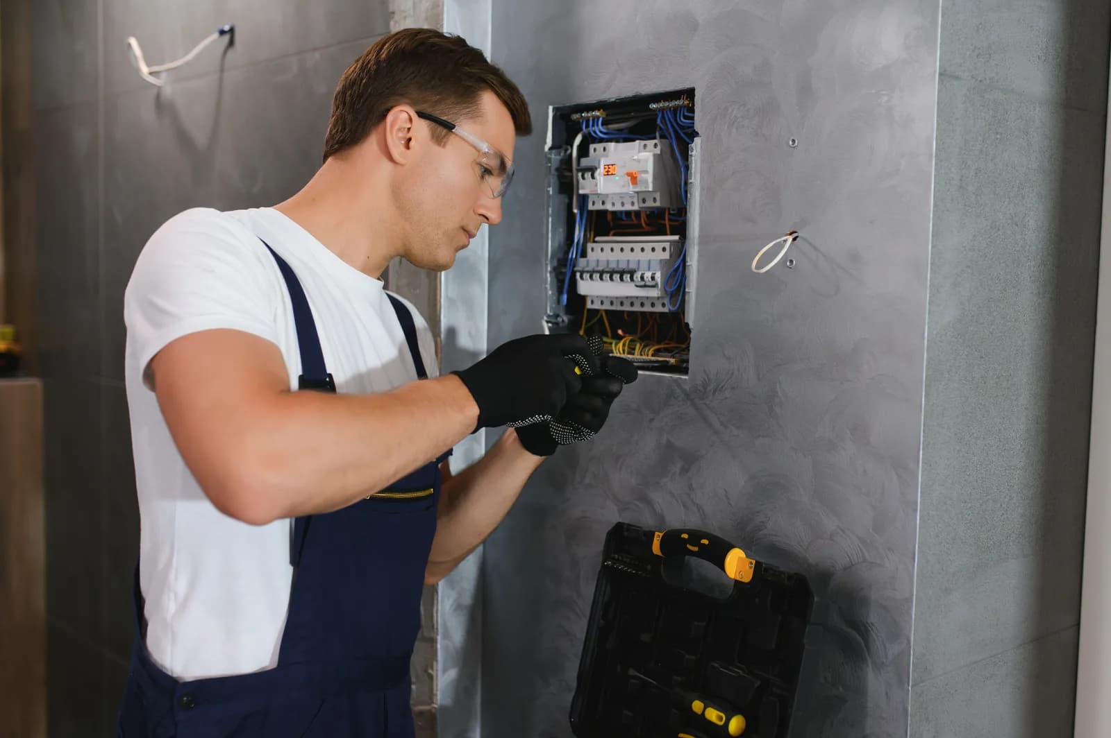 Electrician working on an electrical panel inside a home