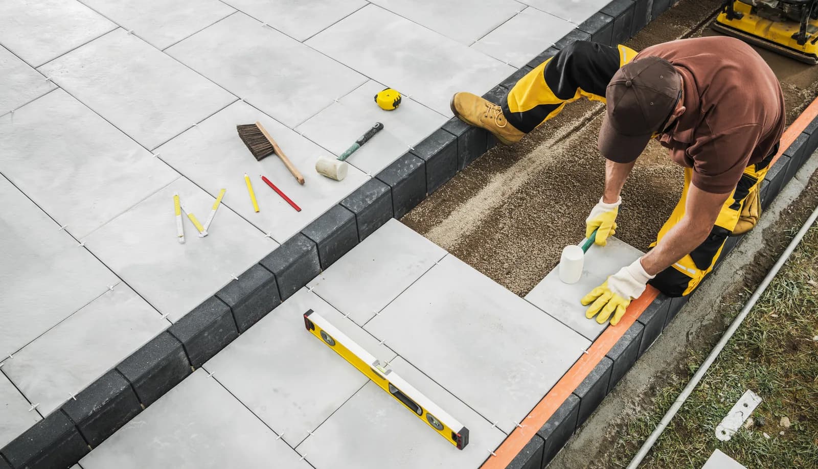 Landscaping contractor installing a paver patio in a residential backyard