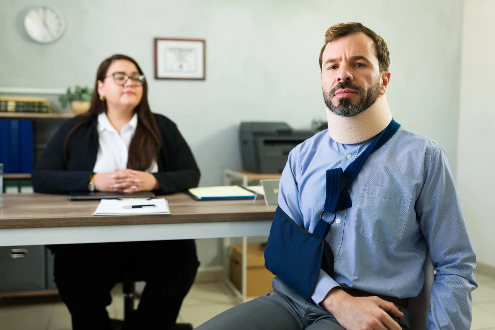 Injured worker discussing a claim with a lawyer