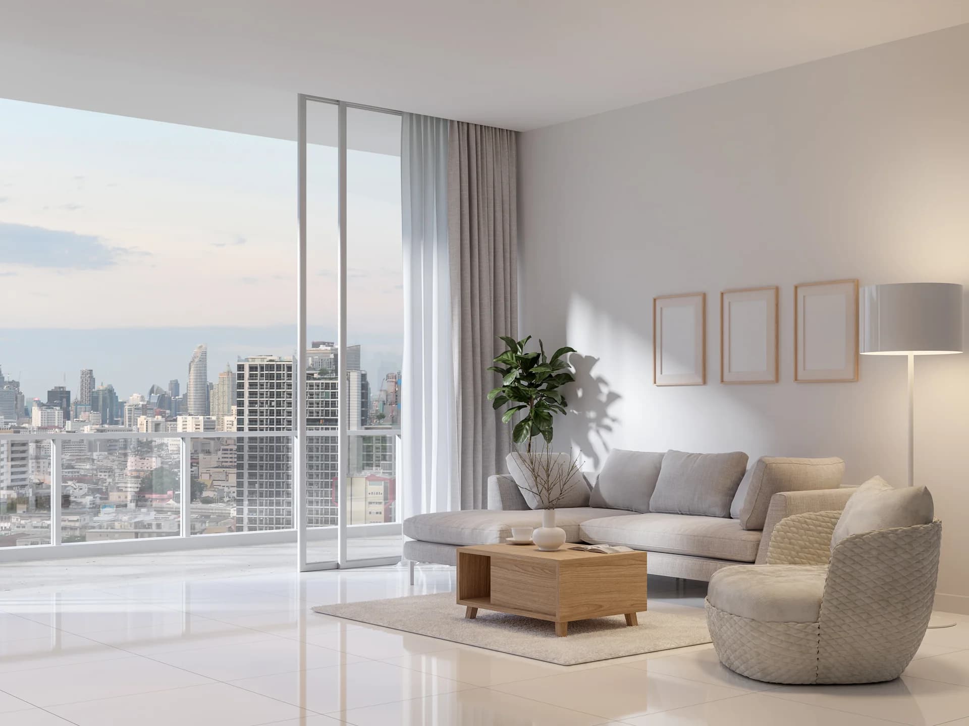 Modern white-and-black living room with full city skyline view through floor-to-ceiling windows.