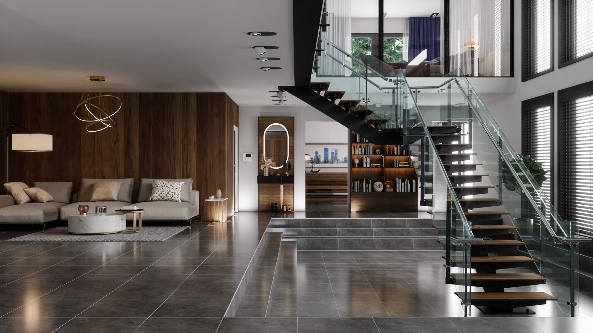 Modern living interior with corner sofa and bookshelf