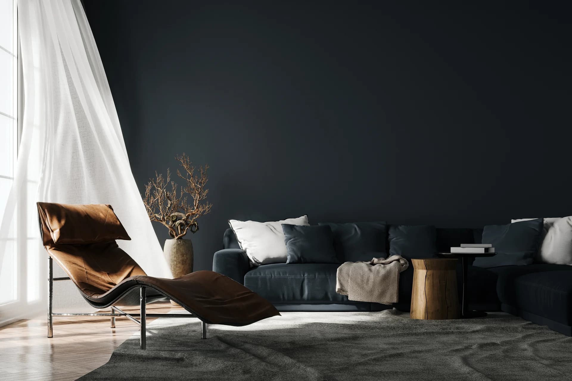 Modern living room with a city view through floor-to-ceiling windows