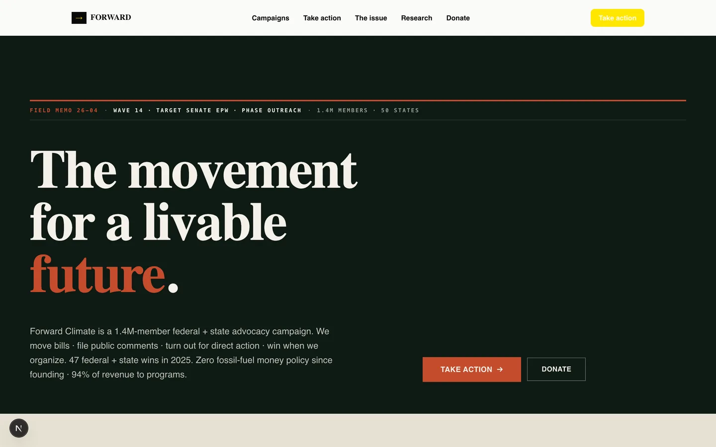Forward Climate Coalition homepage hero — The movement for a livable future