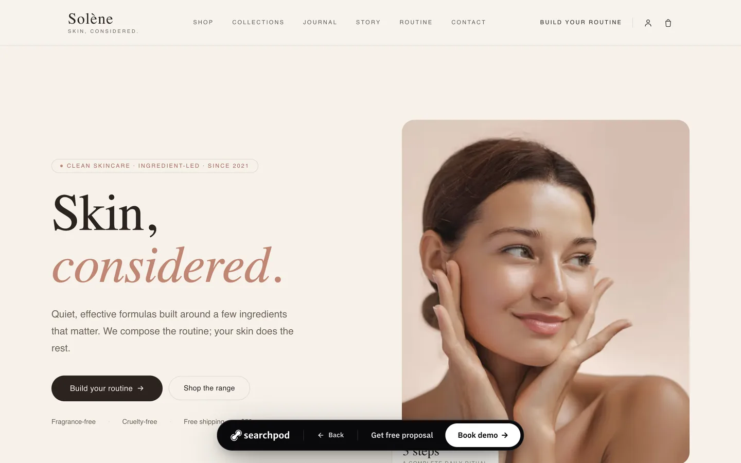 Solène homepage hero — Skin, considered