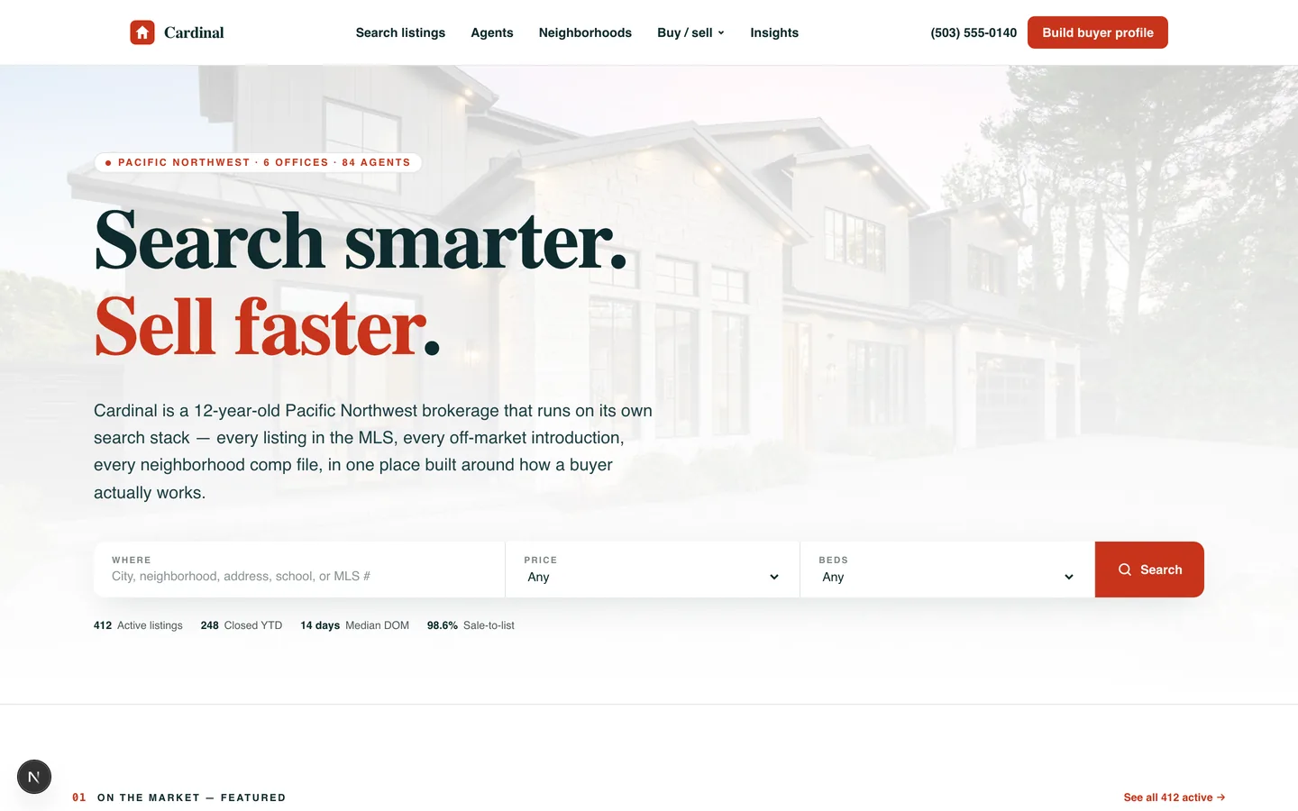 Cardinal Real Estate homepage hero — Search smarter, sell faster