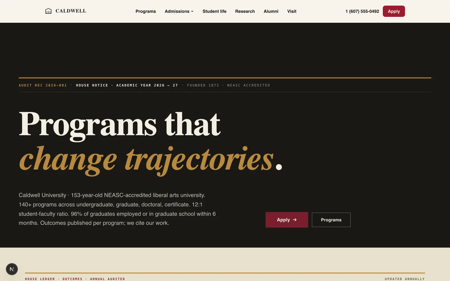 Caldwell University homepage hero — Programs that change trajectories