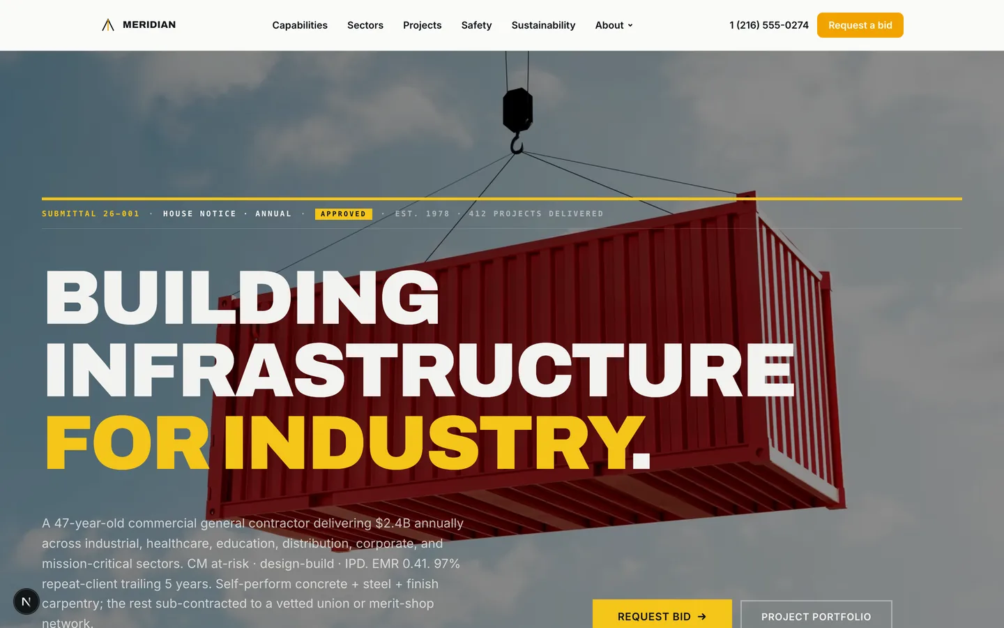 Meridian Construction Group homepage hero — Building infrastructure for industry