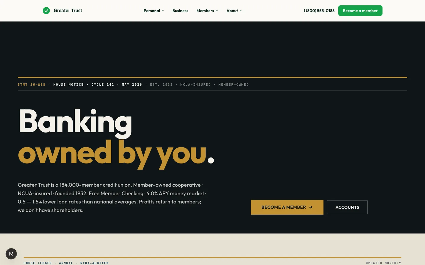 Greater Trust CU homepage hero — Banking owned by you