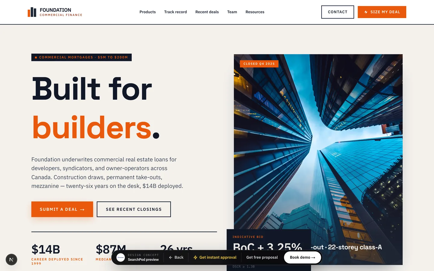 Foundation Commercial Finance homepage hero — Industrial & bold B2B commercial site