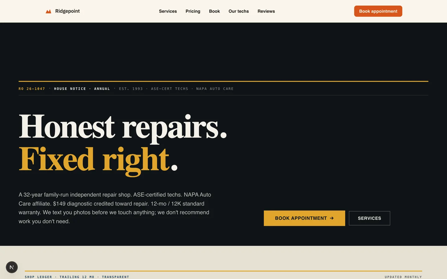 Ridgepoint Auto Service homepage hero — Honest repairs, fixed right