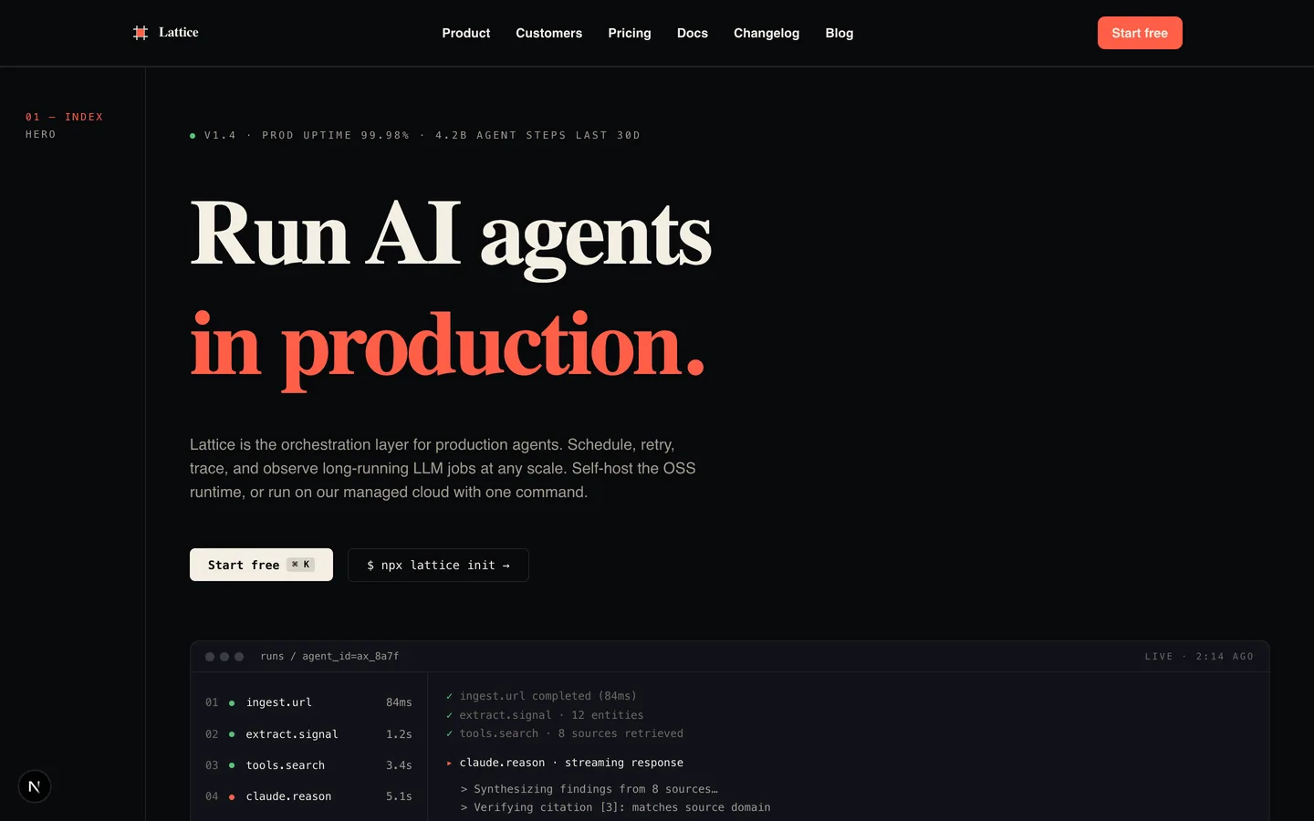 Lattice homepage hero — Run AI agents in production