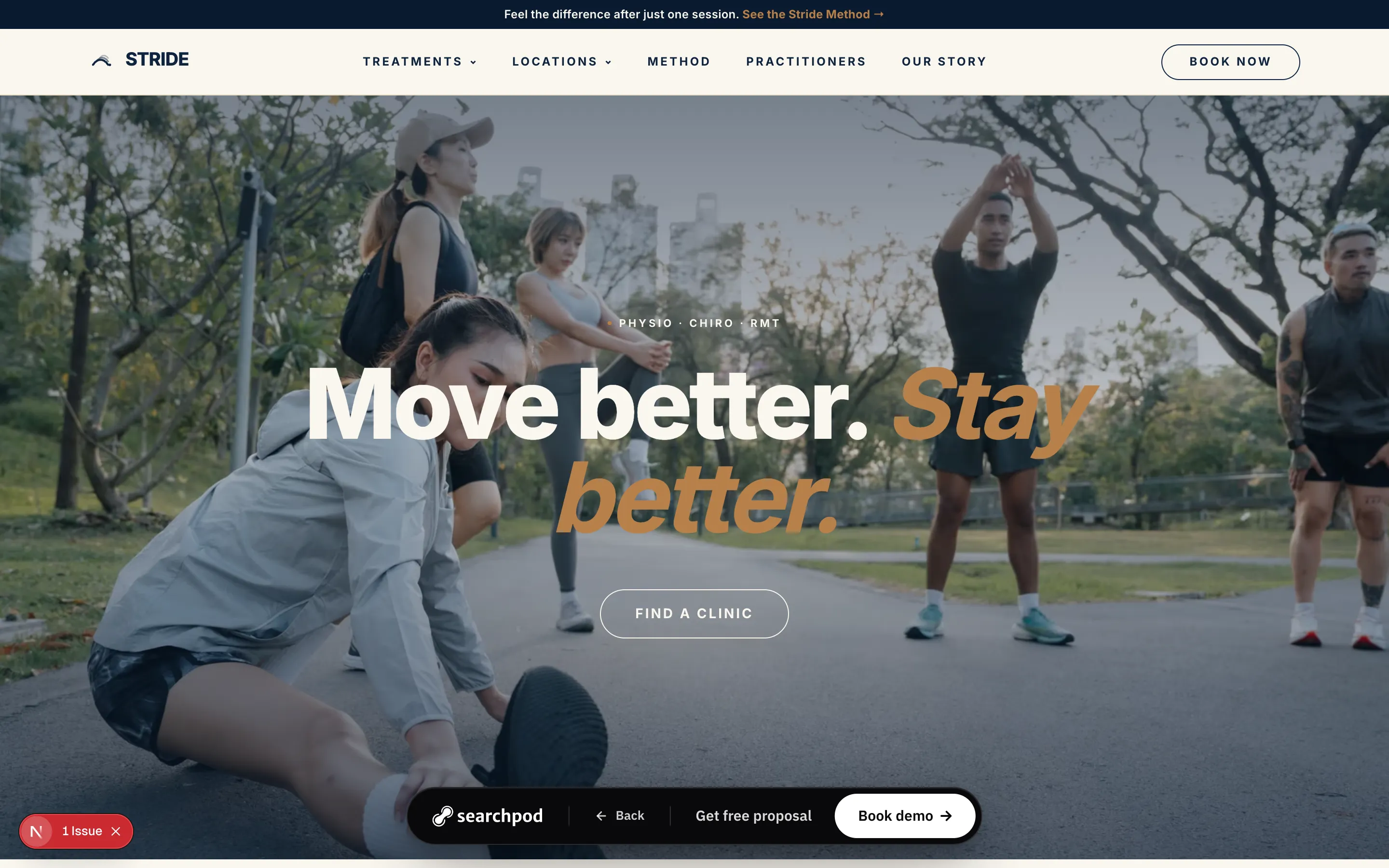 Stride Movement Clinic homepage hero — Move better. Stay better.