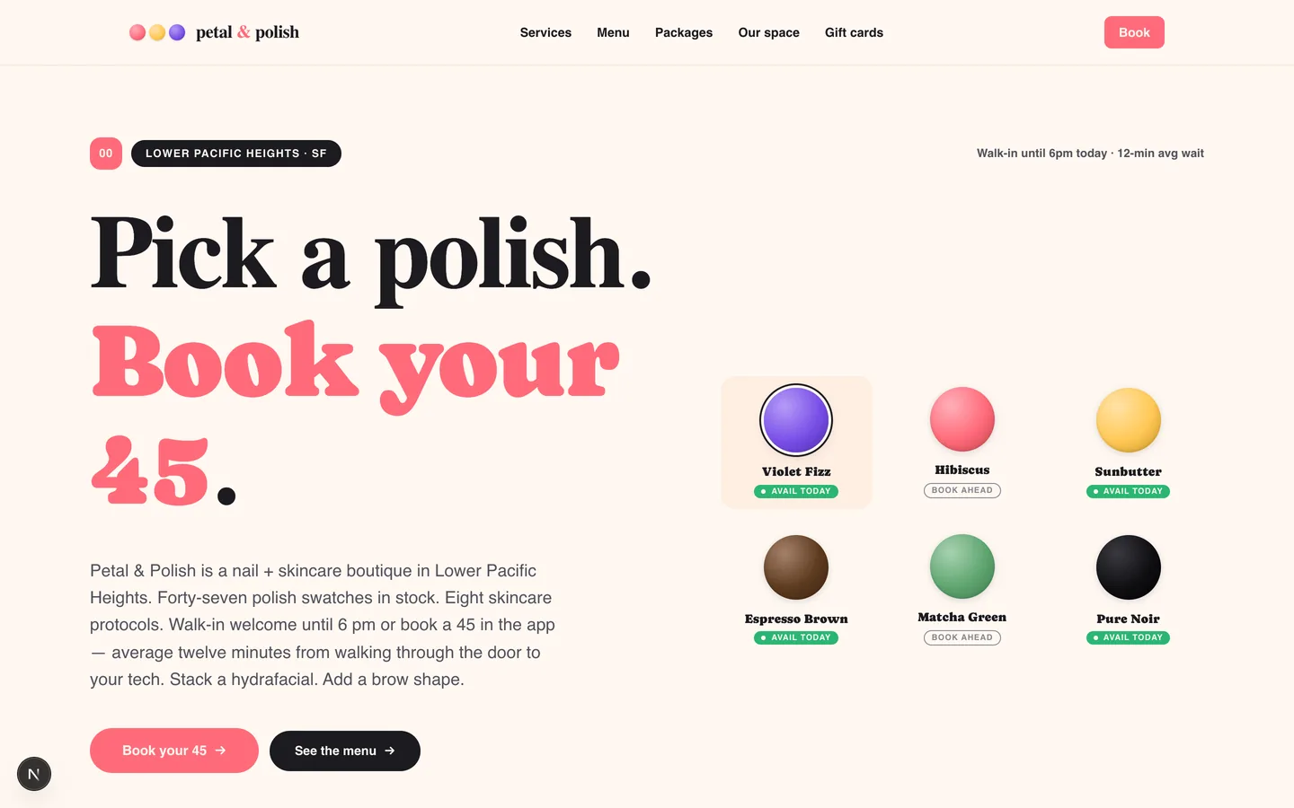 Petal & Polish homepage hero — Nails, skin, and pure quiet