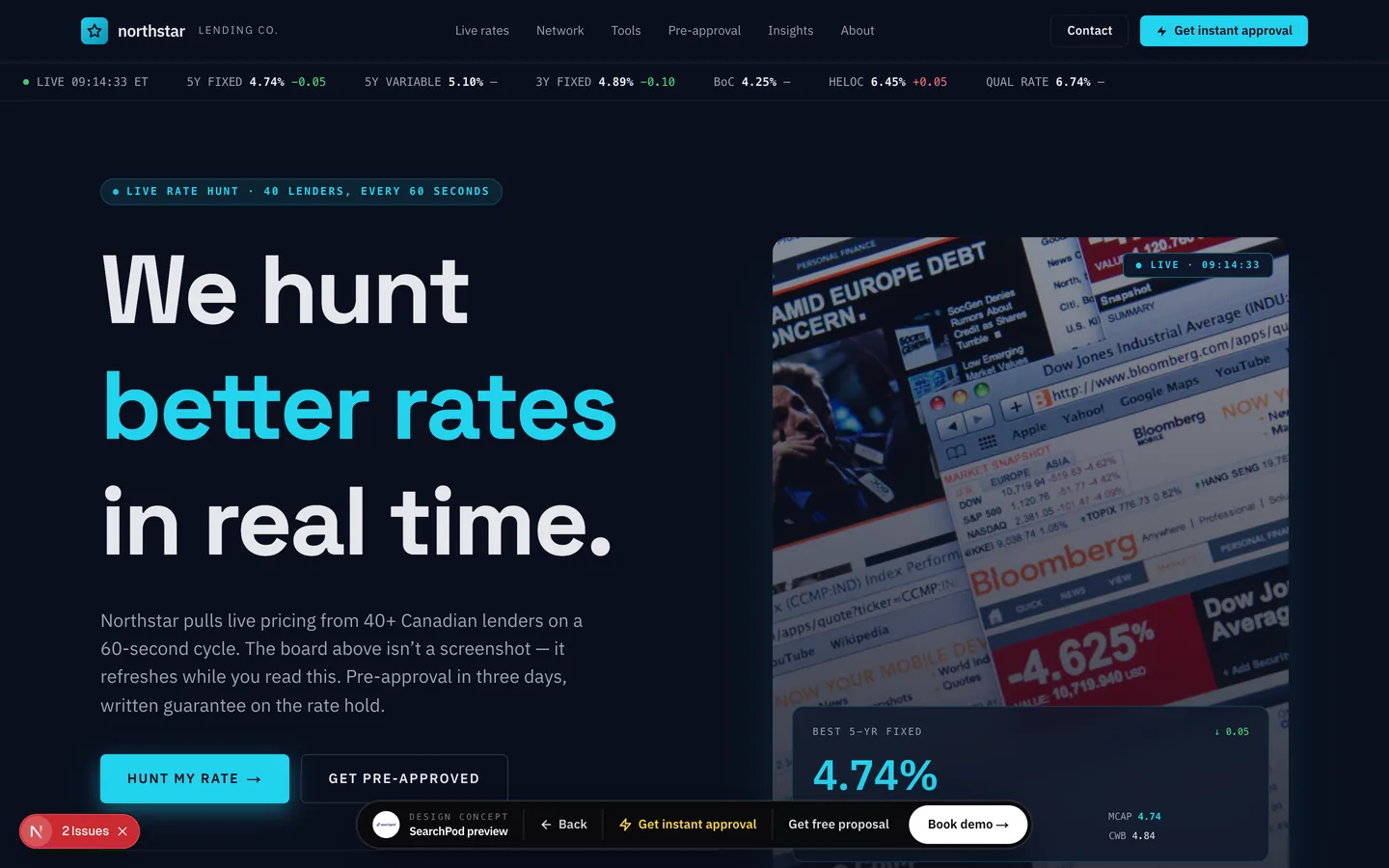 Northstar Lending Group homepage hero — Data-driven dark-mode rate-shopper site