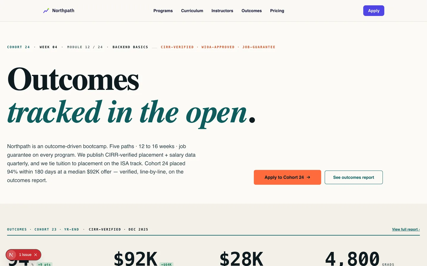 Northpath Bootcamp homepage hero — Career outcomes, not just curriculum