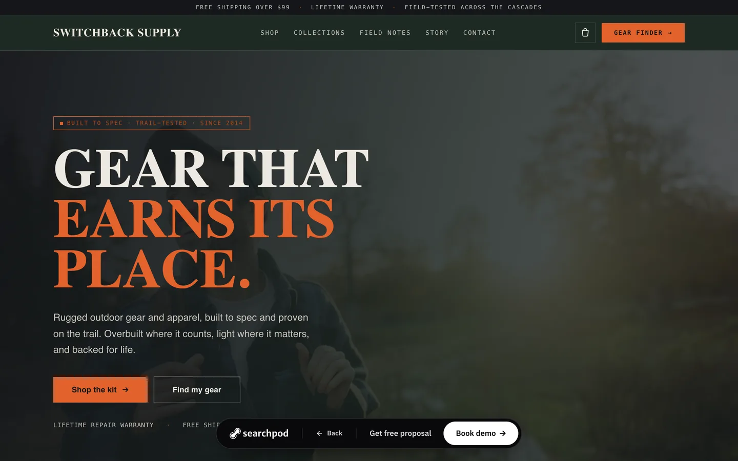 Switchback Supply homepage hero — Gear that earns its place