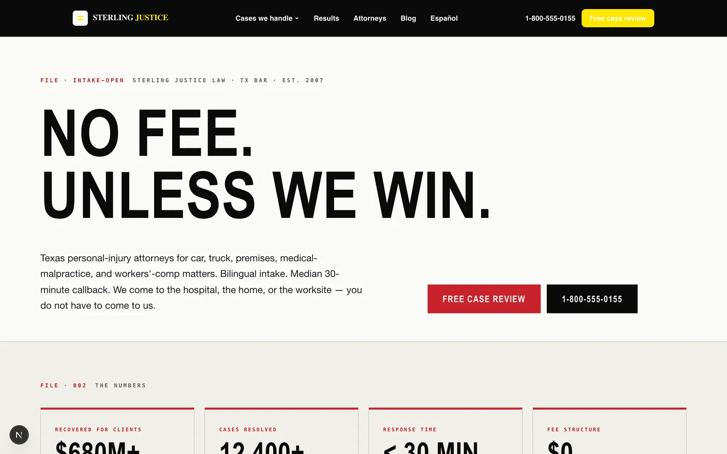 Sterling Justice Law homepage hero — No fee unless we win