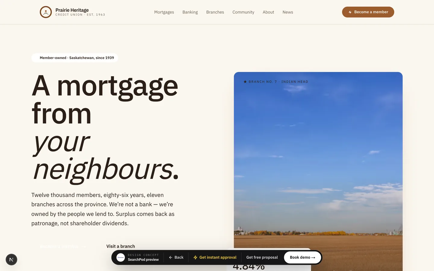 Prairie Heritage Credit Union homepage hero — Community-focused member-first site