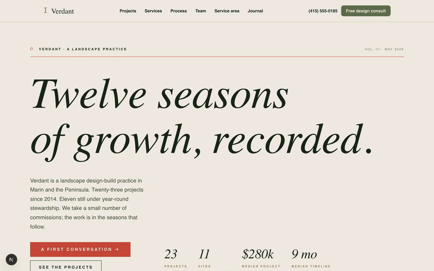 Verdant & Co. homepage hero — Designed outdoors, masterfully built
