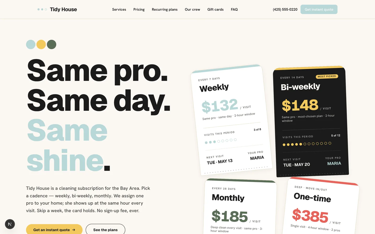 Tidy House Co. homepage hero — Bonded, trained, never rushed