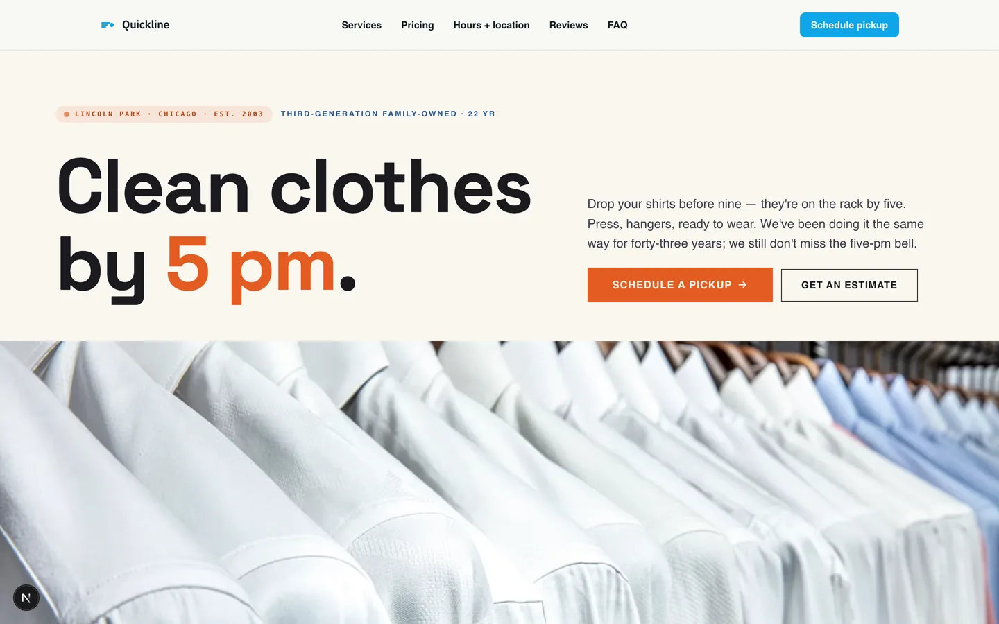 Quickline Dry Cleaners homepage hero — Clean clothes by 5pm