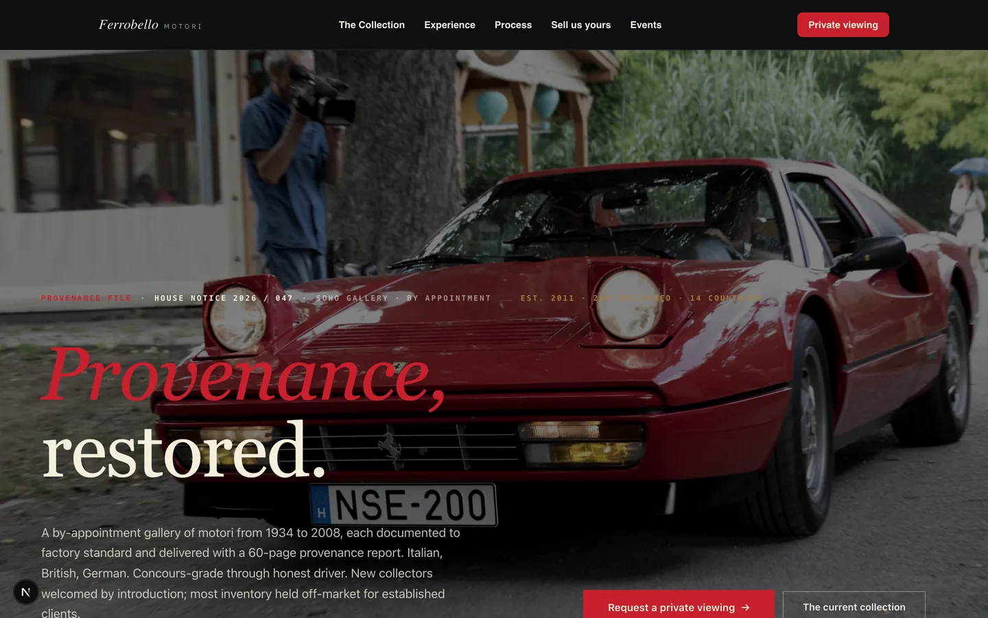 Ferrobello Motors homepage hero — Provenance, restored