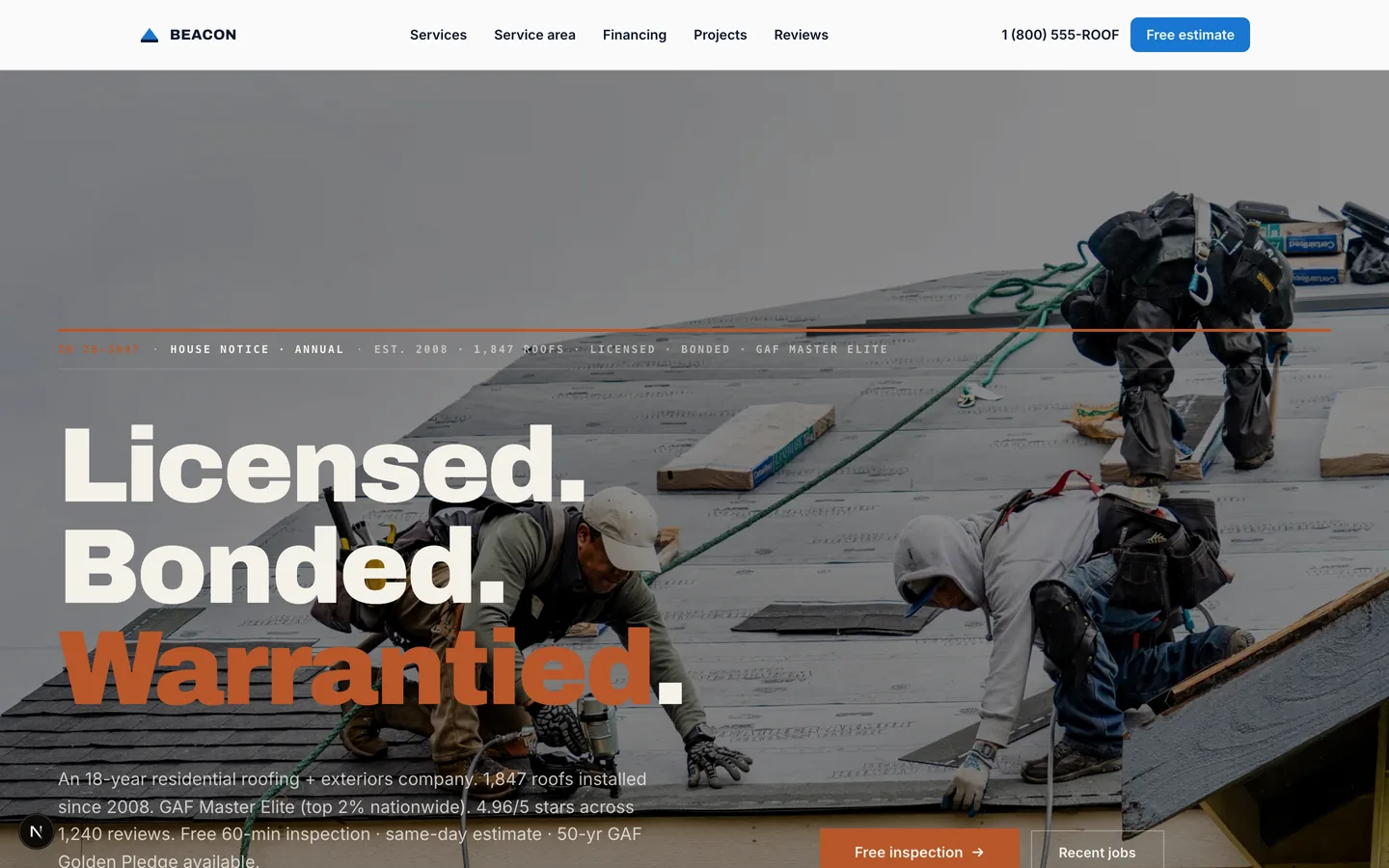 Beacon Roofing & Exteriors homepage hero — Licensed, bonded, warrantied