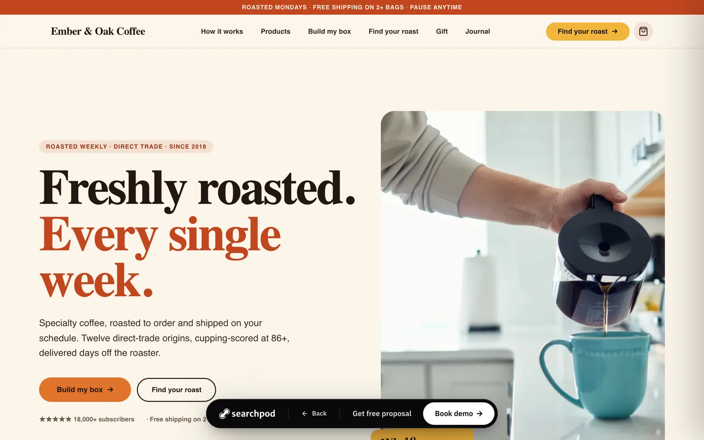 Ember & Oak Coffee homepage hero — Roasted weekly, on your schedule