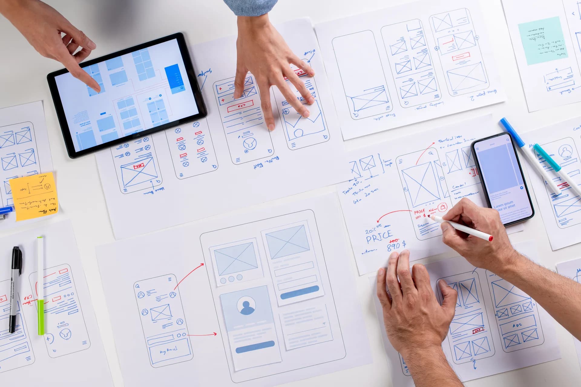 UX designers reviewing website wireframes and high-fidelity prototypes during a Next.js custom web development design sprint